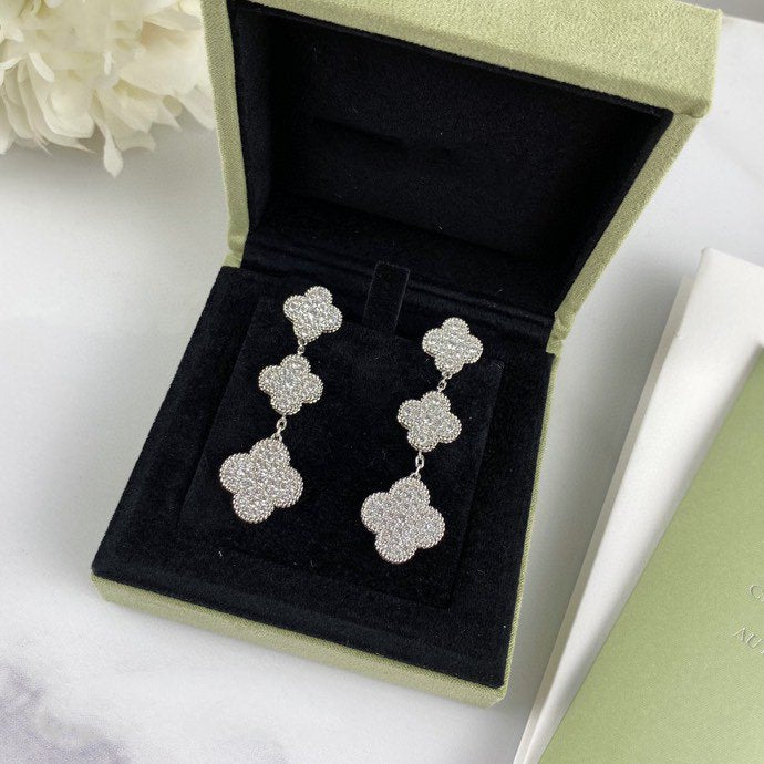 [OrnoraJewelry]CLOVER 3 MOTIF DIAMOND SILVER DROP EARRINGS