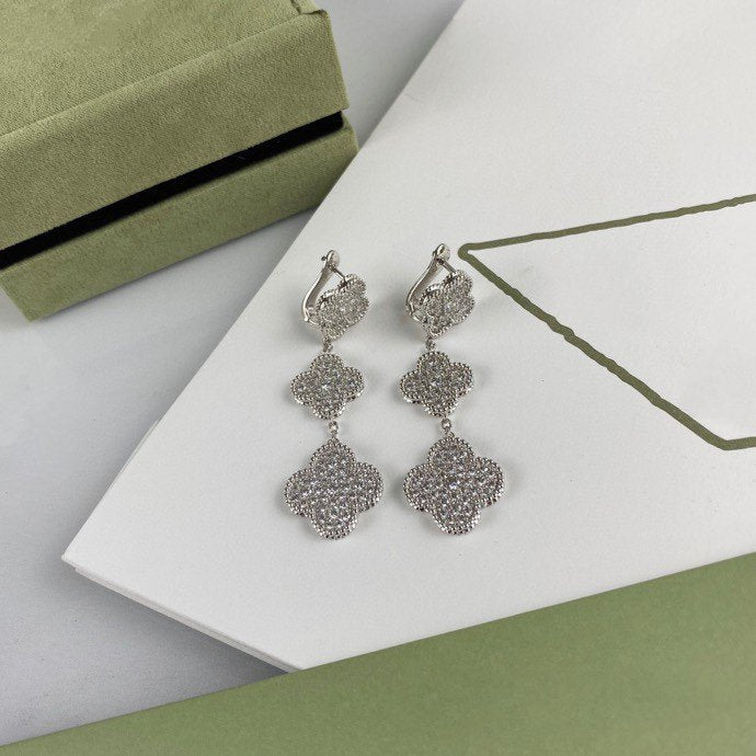 [OrnoraJewelry]CLOVER 3 MOTIF DIAMOND SILVER DROP EARRINGS