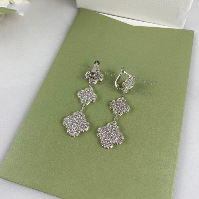 [OrnoraJewelry]CLOVER 3 MOTIF DIAMOND SILVER DROP EARRINGS