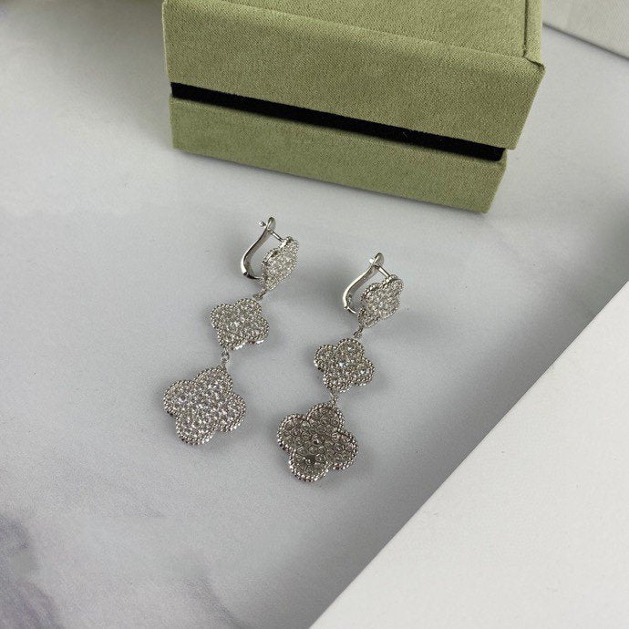 [OrnoraJewelry]CLOVER 3 MOTIF DIAMOND SILVER DROP EARRINGS