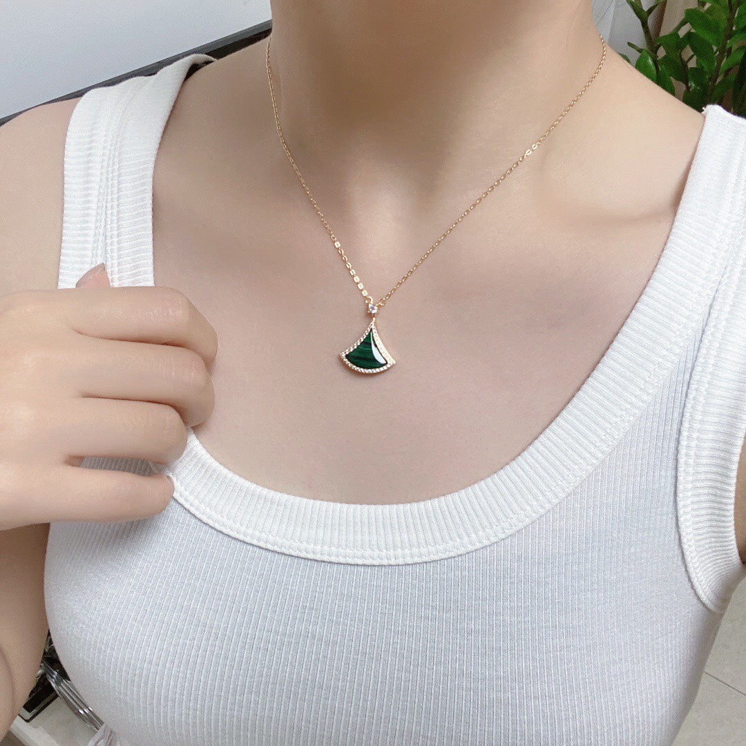 [OrnoraJewelry]DREAM MALACHITE DIAMOND PAVED PINK GOLD NECKLACE