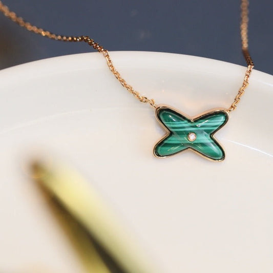 [OrnoraJewelry]JEUX MALACHITE 1 DIAMOND PINK GOLD NECKLACE