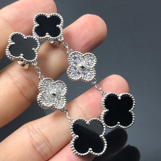 [OrnoraJewelry]CLOVER 3 MOTIF DIAMOND ONYX SILVER EARRINGS