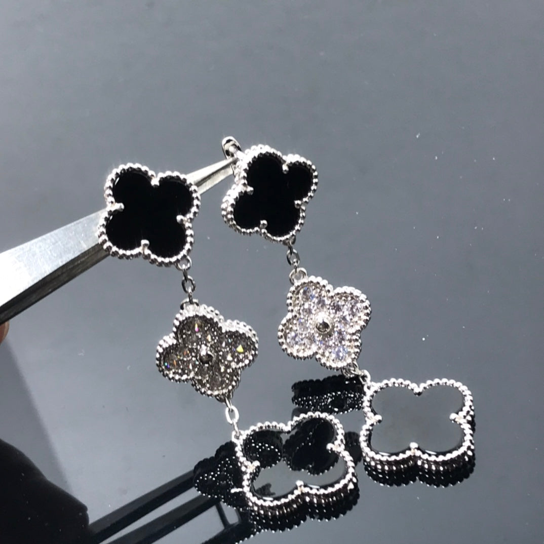 [OrnoraJewelry]CLOVER 3 MOTIF DIAMOND ONYX SILVER EARRINGS