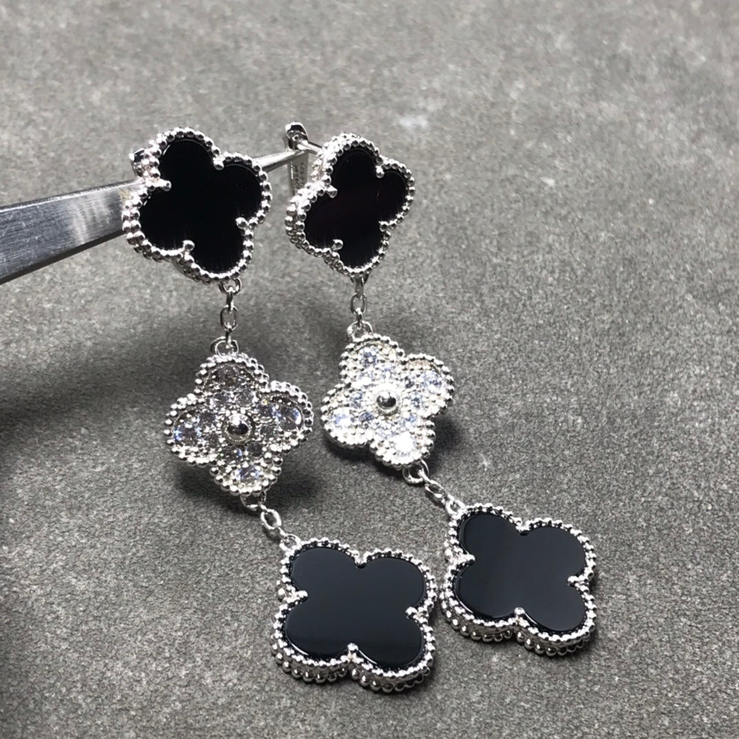[OrnoraJewelry]CLOVER 3 MOTIF DIAMOND ONYX SILVER EARRINGS