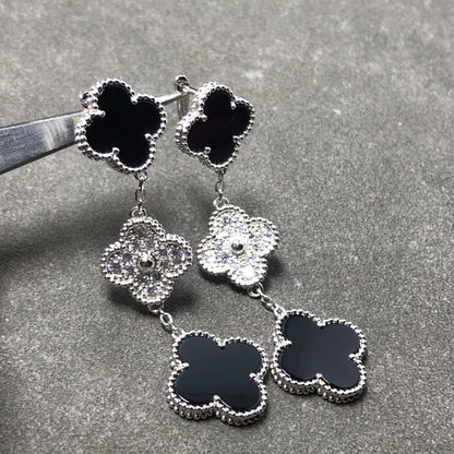 [OrnoraJewelry]CLOVER 3 MOTIF DIAMOND ONYX SILVER EARRINGS