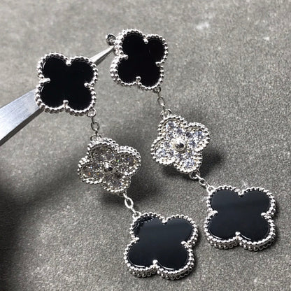 [OrnoraJewelry]CLOVER 3 MOTIF DIAMOND ONYX SILVER EARRINGS
