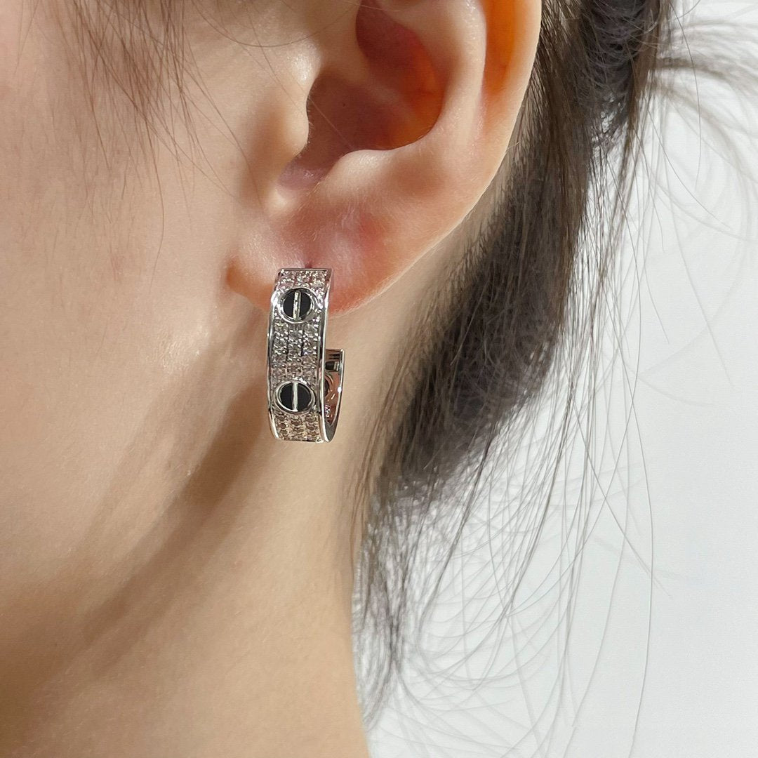 [OrnoraJewelry]LOVE CERAMIC DIAMOND PAVED SILVER EARRINGS