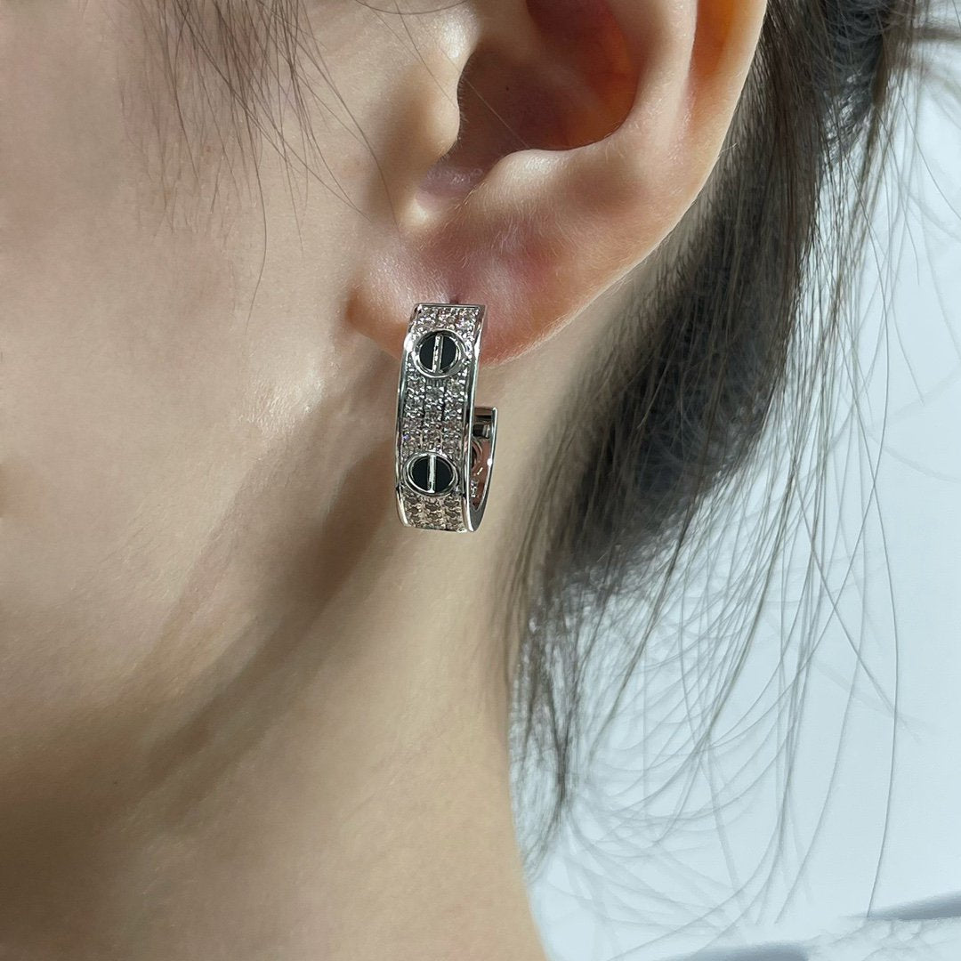 [OrnoraJewelry]LOVE CERAMIC DIAMOND PAVED SILVER EARRINGS