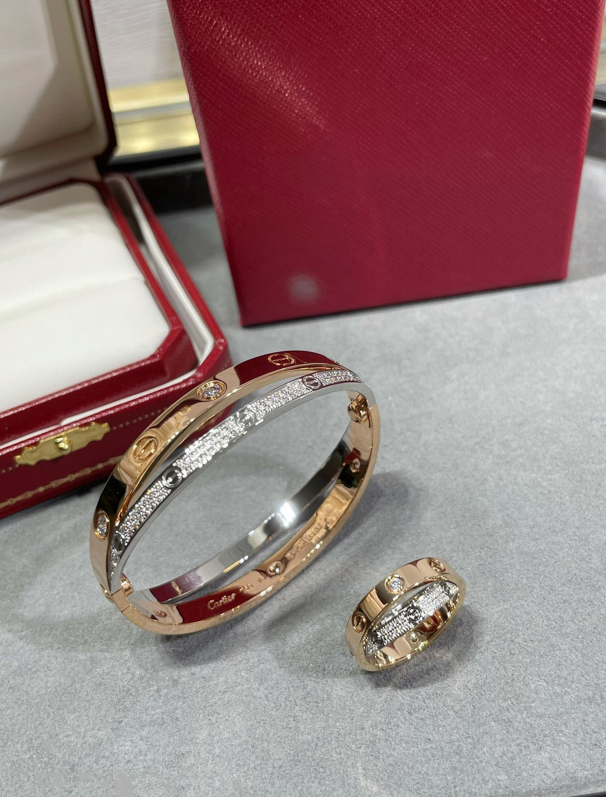 [OrnoraJewelry]LOVE PINK GOLD SILVER DIAMOND DOUBLE RING