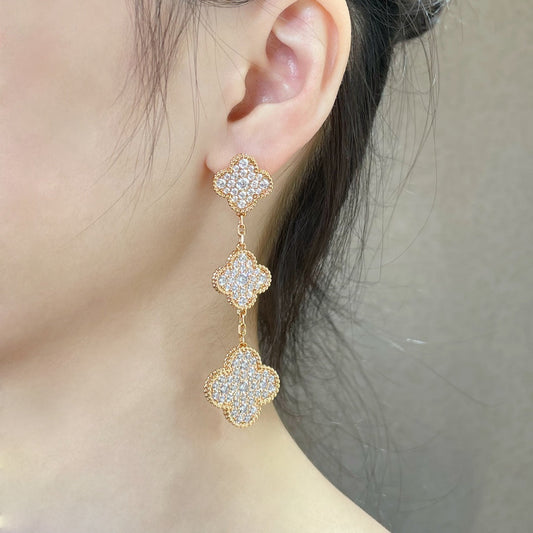 [OrnoraJewelry]CLOVER 3 MOTIFS DIAMOND PAVED ROSE GOLD EARRINGS