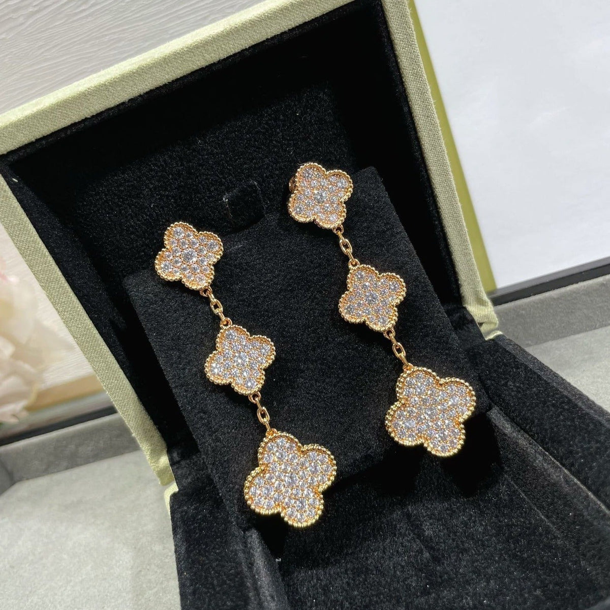 [OrnoraJewelry]CLOVER 3 MOTIFS DIAMOND PAVED ROSE GOLD EARRINGS
