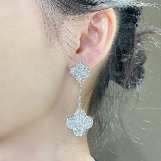 [OrnoraJewelry]CLOVER 2 MOTIFS DIAMOND PAVED SILVER EARRINGS