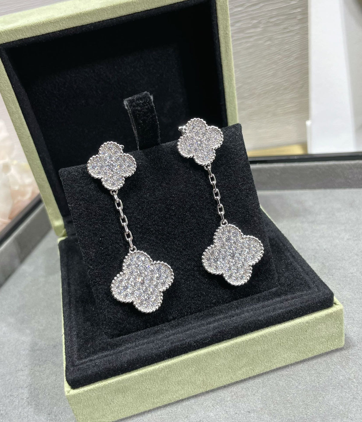 [OrnoraJewelry]CLOVER 2 MOTIFS DIAMOND PAVED SILVER EARRINGS
