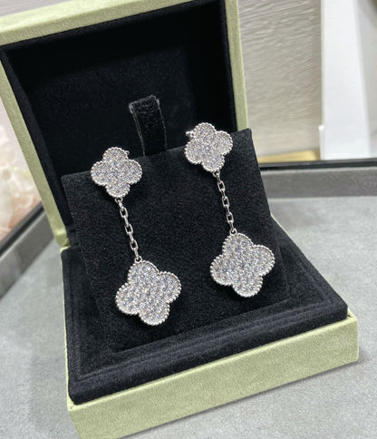 [OrnoraJewelry]CLOVER 2 MOTIFS DIAMOND PAVED SILVER EARRINGS