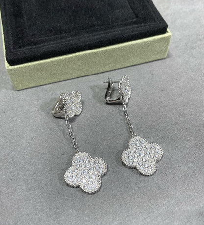 [OrnoraJewelry]CLOVER 2 MOTIFS DIAMOND PAVED SILVER EARRINGS