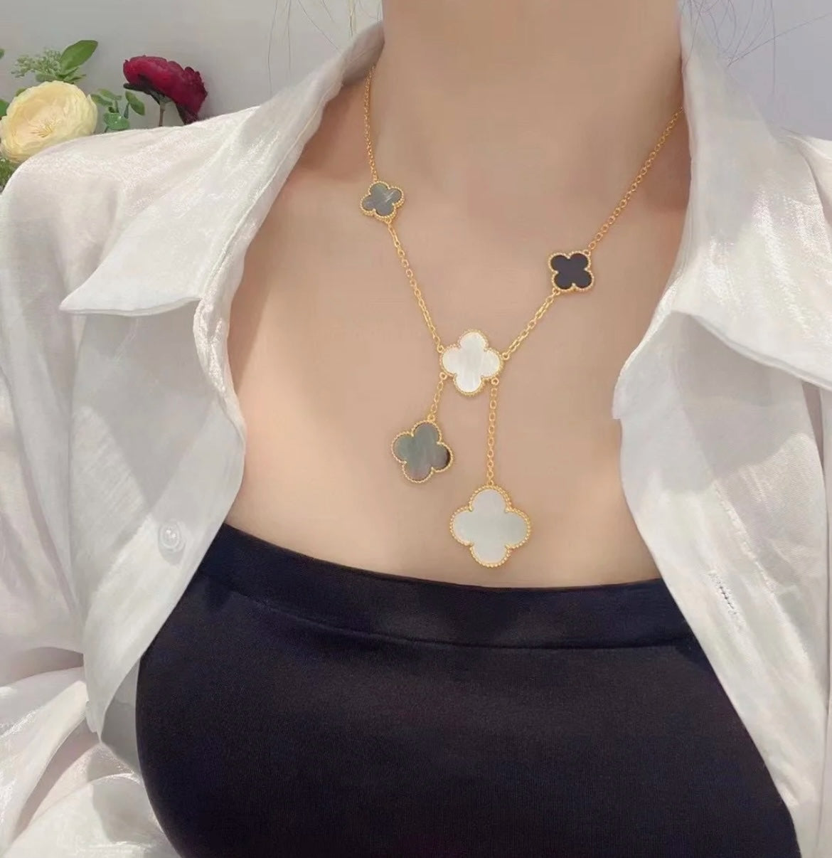[OrnoraJewelry]CLOVER 6 MOTIF MOP ONYX GOLD NECKLACE