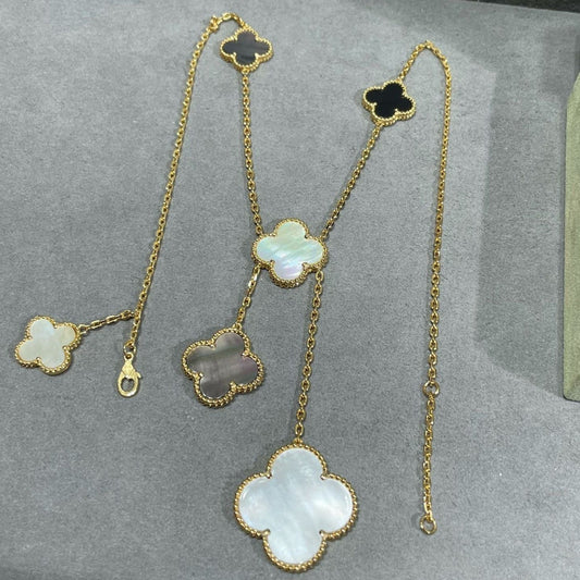 [OrnoraJewelry]CLOVER 6 MOTIF MOP ONYX GOLD NECKLACE