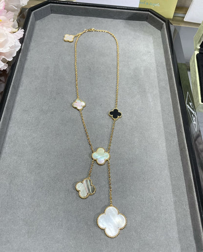 [OrnoraJewelry]CLOVER 6 MOTIF MOP ONYX GOLD NECKLACE