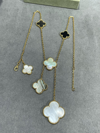 [OrnoraJewelry]CLOVER 6 MOTIF MOP ONYX GOLD NECKLACE