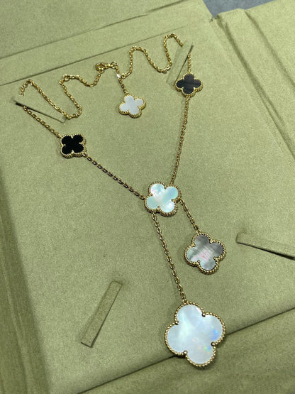 [OrnoraJewelry]CLOVER 6 MOTIF MOP ONYX GOLD NECKLACE