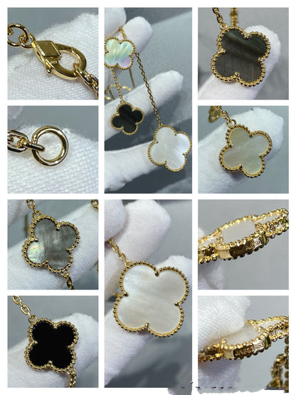 [OrnoraJewelry]CLOVER 6 MOTIF MOP ONYX GOLD NECKLACE