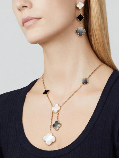 [OrnoraJewelry]CLOVER 3 MOTIF MOP ONYX DARK MOP PINK GOLD EARRINGS