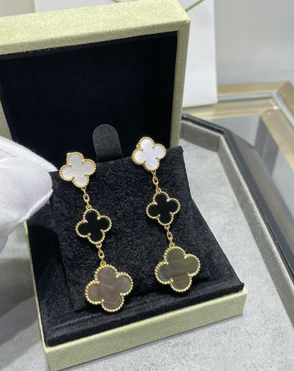 [OrnoraJewelry]CLOVER 3 MOTIF MOP ONYX DARK MOP PINK GOLD EARRINGS