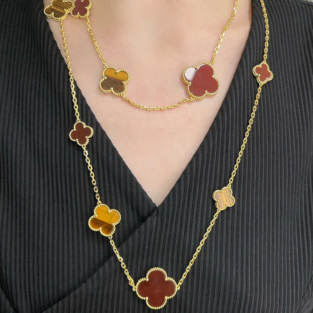 [OrnoraJewelry]CLOVER 16 MOTIF CARNELIAN TIGER EYE ROSE GOLD NECKLACE