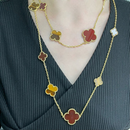 [OrnoraJewelry]CLOVER 16 MOTIF CARNELIAN TIGER EYE ROSE GOLD NECKLACE