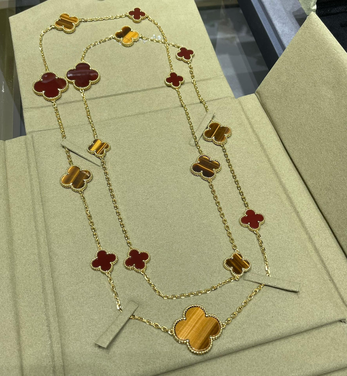 [OrnoraJewelry]CLOVER 16 MOTIF CARNELIAN TIGER EYE ROSE GOLD NECKLACE