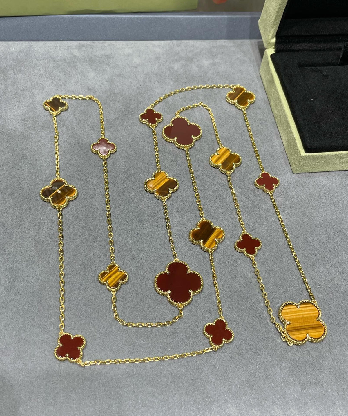 [OrnoraJewelry]CLOVER 16 MOTIF CARNELIAN TIGER EYE ROSE GOLD NECKLACE