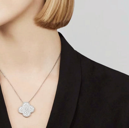 [OrnoraJewelry]CLOVER 25MM LARGE PENDANT DIAMOND PAVED SILVER NECKLACE