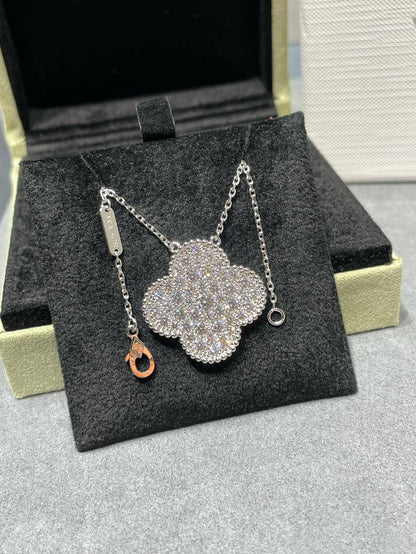 [OrnoraJewelry]CLOVER 25MM LARGE PENDANT DIAMOND PAVED SILVER NECKLACE