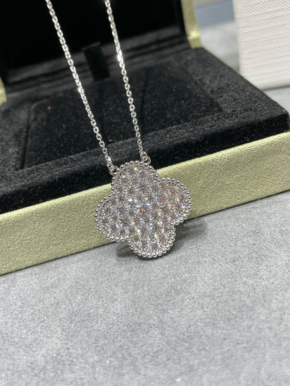 [OrnoraJewelry]CLOVER 25MM LARGE PENDANT DIAMOND PAVED SILVER NECKLACE