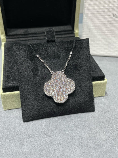 [OrnoraJewelry]CLOVER 25MM LARGE PENDANT DIAMOND PAVED SILVER NECKLACE