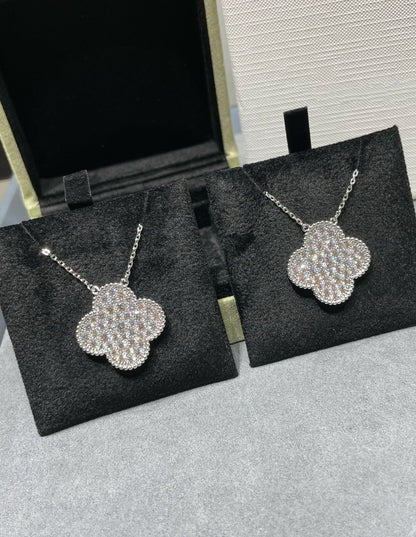 [OrnoraJewelry]CLOVER 25MM LARGE PENDANT DIAMOND PAVED SILVER NECKLACE