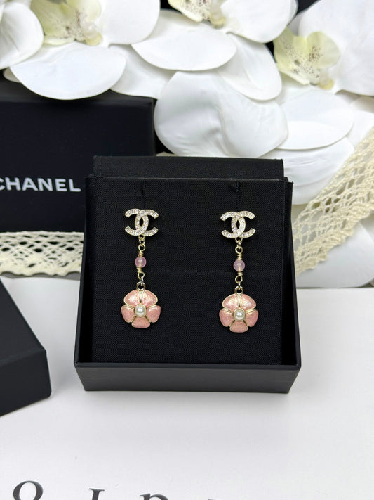 [OrnoraJewelry]26C Pink Camellia Enamel Pendant with Double C Earrings