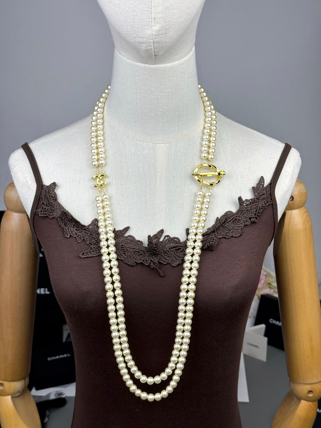 [OrnoraJewelry]25K Pencil Double C Double-Layer Pearl Sweater Chain