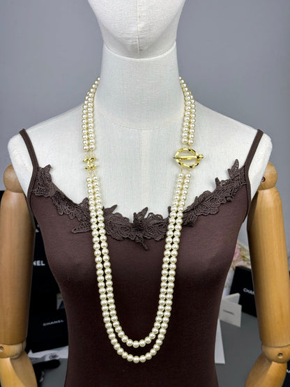 [OrnoraJewelry]25K Pencil Double C Double-Layer Pearl Sweater Chain