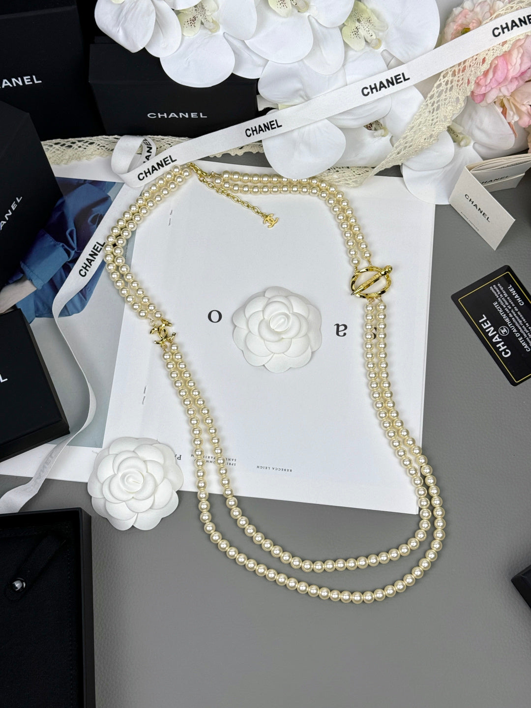 [OrnoraJewelry]25K Pencil Double C Double-Layer Pearl Sweater Chain