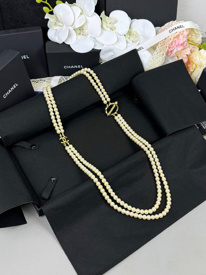 [OrnoraJewelry]25K Pencil Double C Double-Layer Pearl Sweater Chain