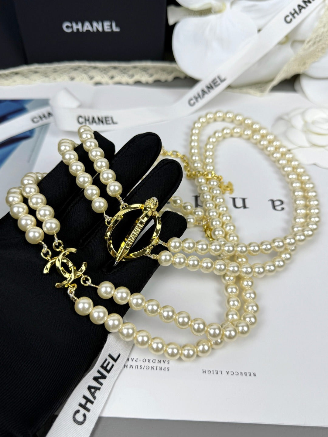 [OrnoraJewelry]25K Pencil Double C Double-Layer Pearl Sweater Chain