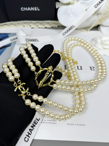 [OrnoraJewelry]25K Pencil Double C Double-Layer Pearl Sweater Chain