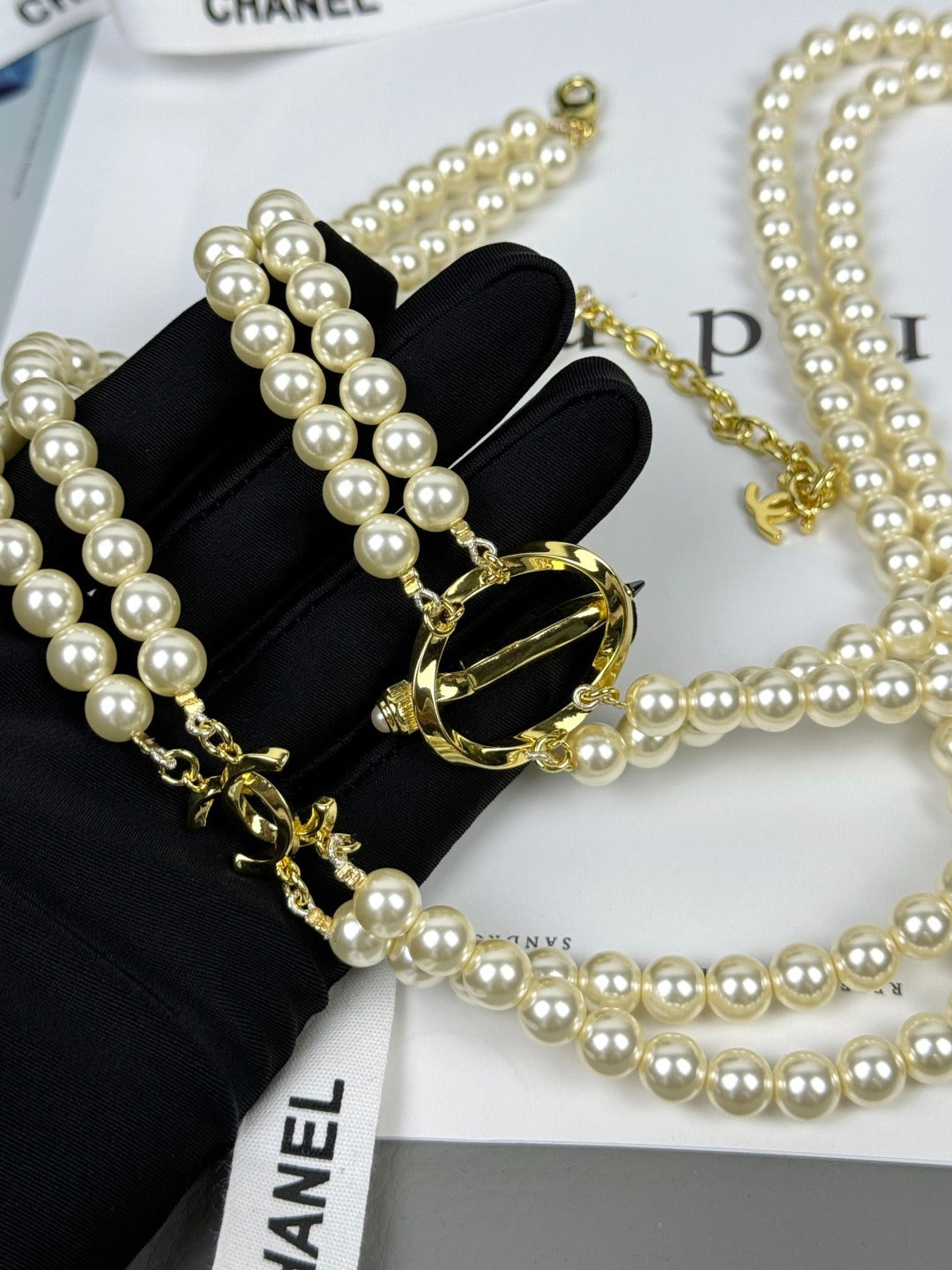 [OrnoraJewelry]25K Pencil Double C Double-Layer Pearl Sweater Chain