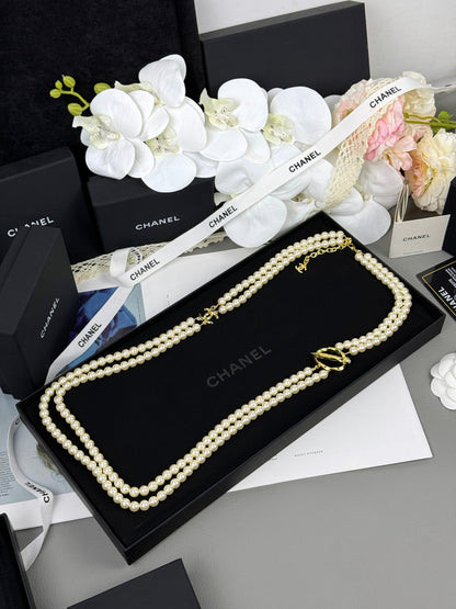 [OrnoraJewelry]25K Pencil Double C Double-Layer Pearl Sweater Chain