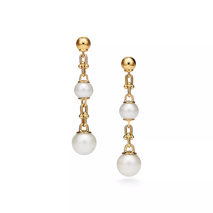 [Ornora Jewelry]TRIPLE DROP LINK EARRINGS GOLD WITH FRESHWATER PEARLS