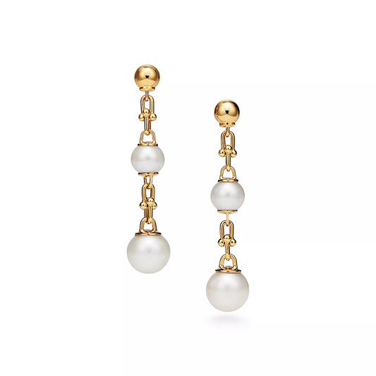 [Ornora Jewelry]TRIPLE DROP LINK EARRINGS GOLD WITH FRESHWATER PEARLS