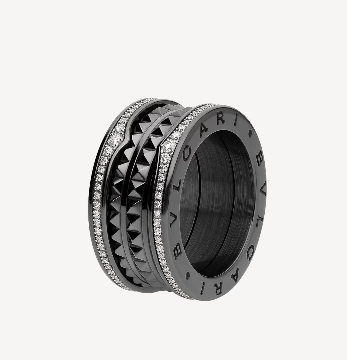[OrnoraJewelry]ZERO 1 ROCK FOUR-BAND BLACK CERAMIC WITH STUDDED SPIRAL AND PAVED DIAMONDS RING