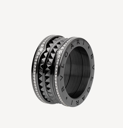 [OrnoraJewelry]ZERO 1 ROCK FOUR-BAND BLACK CERAMIC WITH STUDDED SPIRAL AND PAVED DIAMONDS RING